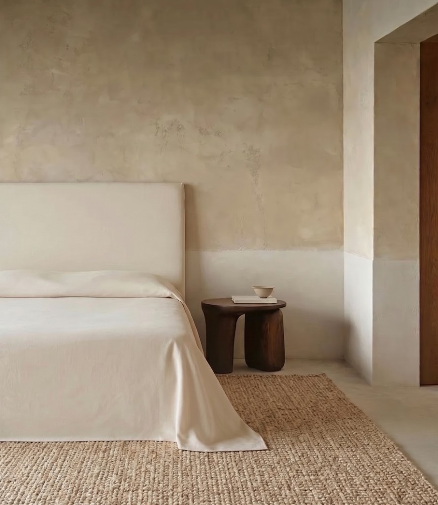 Guest room detail, tadelakt and linen, Tigmi