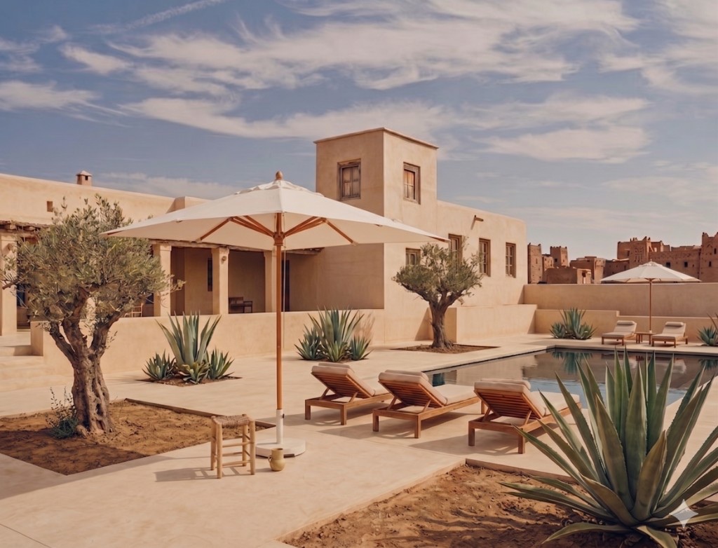 Pool, terrace, and Atlas-facing architecture, Tigmi